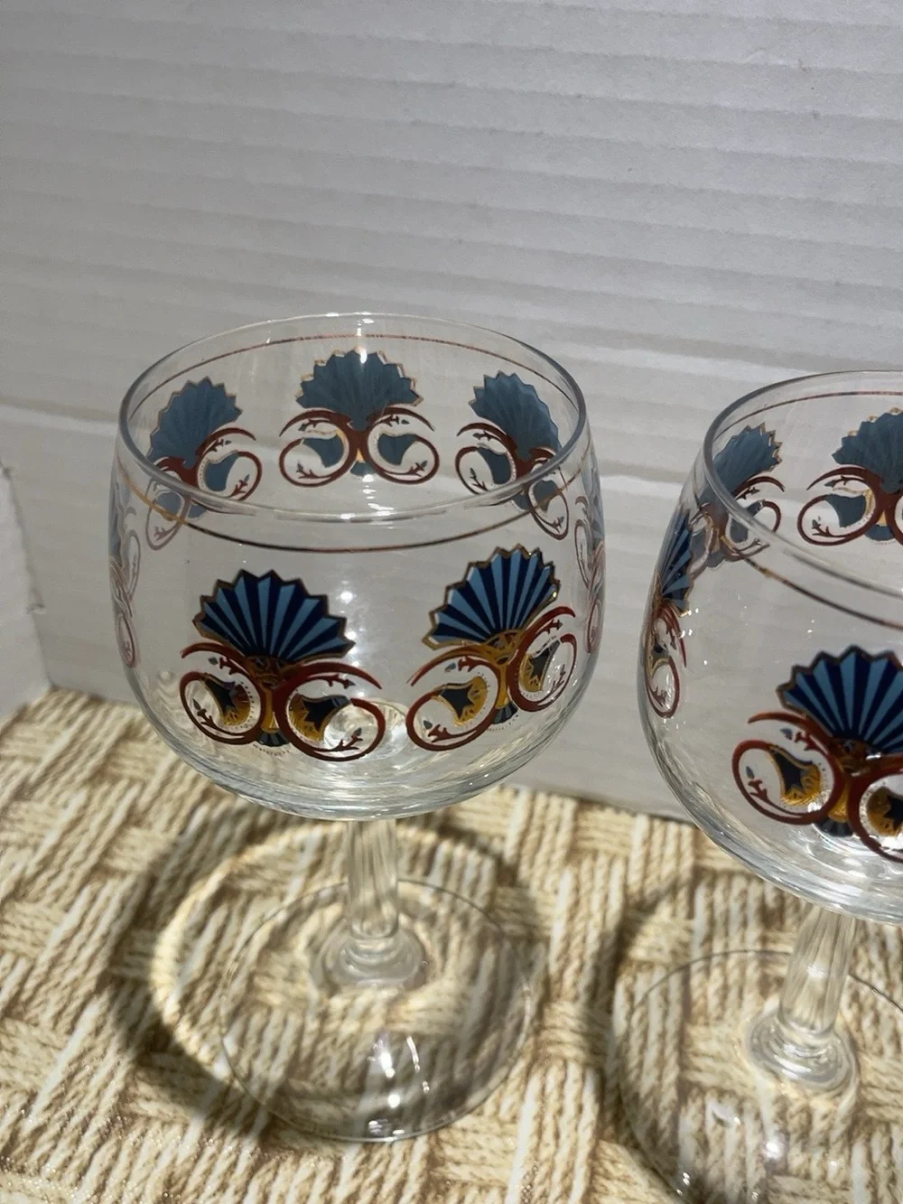 Vintage Georges Briard 22K Gold Blue Fan Wine Goblets Set of 4 MCM 6.5”